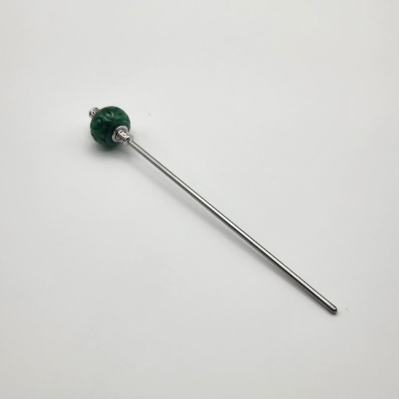 🌿 Jadesong Orb Stainless Steel Hair Stick, Carved Burmese Jade Epic Updo Pin - Picture 7 of 9